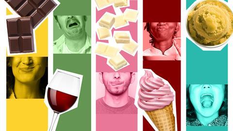 A collage of photos of red wine, strawberry ice cream, lemon sorbet, dark chocolate, white chocolate and several mouths showing differing emotions, such as disgust and pleasure