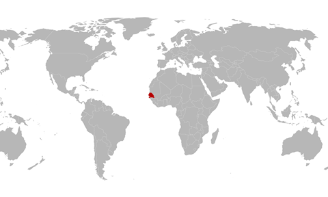 World map with centred Senegal highlighted