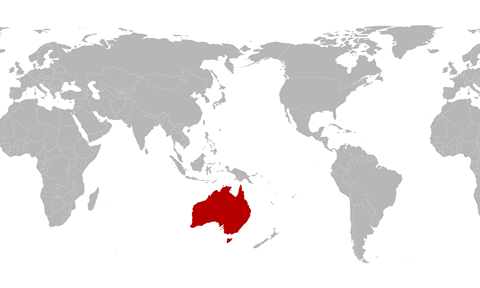 World map with centred Australia highlighted