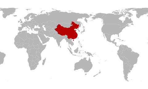 World map with centred China highlighted