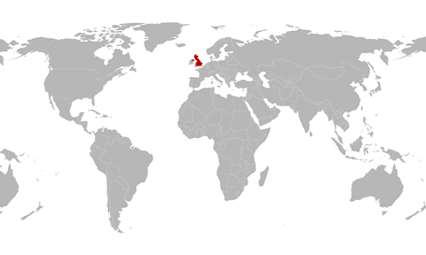 World map with centred UK highlighted