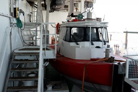 A small boat on the side of the larger research ship