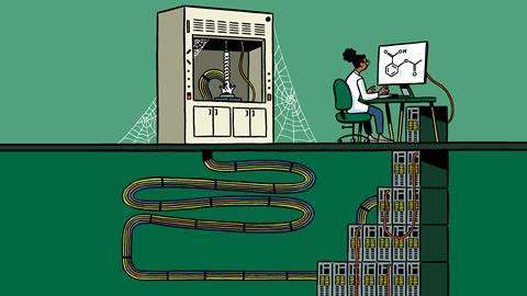 A chemist working at a computer, which is the final unit on top of a huge pile of computers hidden beneath the floor. They are wired up to a cobwebbed fume hood with glassware inside