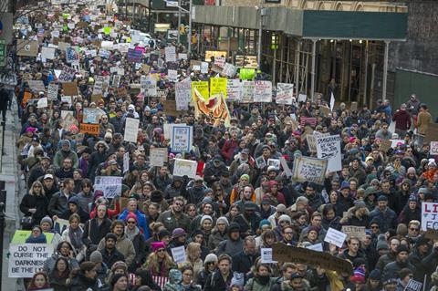 Protesters in New York demonstrating against Trump's immigration ban 