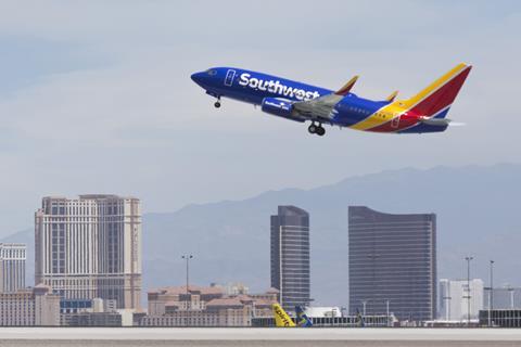 A Southwest Airlines Boeing 737-7H4(WL) takes off from McCarran International Airport in Las Vegas