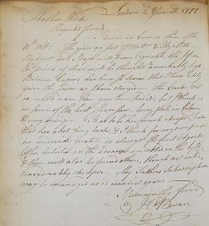 Letter from one of GSK's founders, J G Bevan, owner of Plough Court apothecary in London, 1777