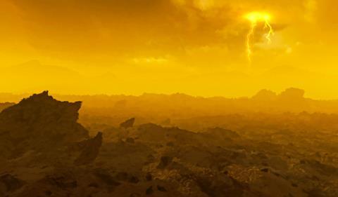 A digital artwork of the surface of Venus - a hostile rocky landscape is shrouded in yellow fog and clouds with electrical storms