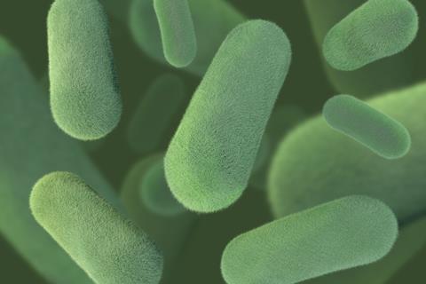 3D rendering of hairy fuzzy green bacteria on a green background