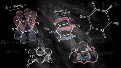An illustration showing a blackboard with aromatic compounds written on it