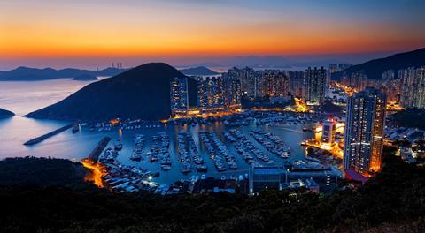 Hong Kong sunset and typhoon shelters 