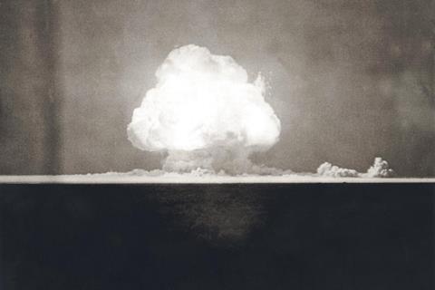 First Atomic Explosion on July 16, 1945. First Atomic Explosion on July 16, 1945. Photograph taken at 9 seconds after the initial Trinity detonation shows the Mushroom cloud. Manhattan Project. Alamogordo, New Mexico