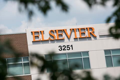 An image showing the Elsevier logo outside of a facility occupied by Elsevier in Maryland Heights, Missouri 