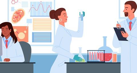 Illustration of scientists working on vaccine development in a laboratory