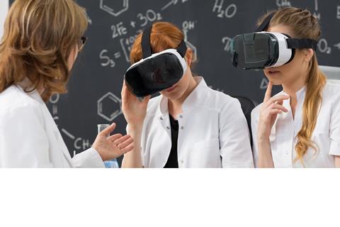School students using VR in a chemistry lesson