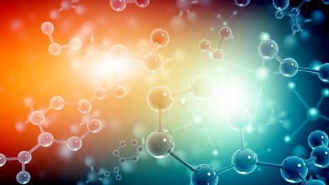 3D rendered image showing molecules on colourful blue and orange background