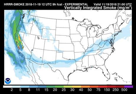 A graph model showing how the smoke produced by a wildfire in California is travelling all the way to New York