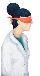 Blindfolded female scientist