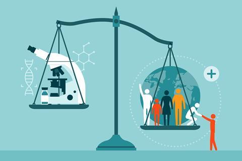 A cartoon of a pair of scales on one side is oversized science equipment and  on the other is undersized people and the Earth.