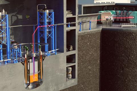 A digital model of a nuclear power station showing a particle accelerator next to the reactor
