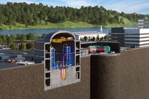 A digital model of a nuclear power station showing a particle accelerator next to the reactor