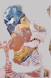 An ancient Egyptian painting of a man with a large blue and gold hat