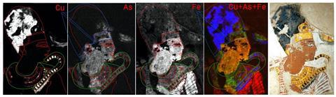 Close ups of a portrait of an Ancient Egyptian painting of an ruler using different imaging techniques to show the original painters' methods
