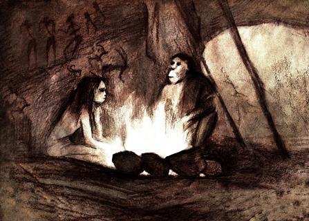 An illustration showing Neaderthals in a cave