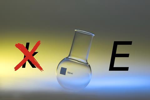 An image showing a round bottome flask; on the left there is the k symbol for rate constant, crossed out, and on the right, the letter E for energy is written