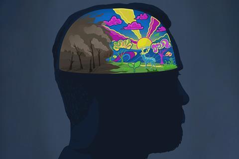 An illustration showing inside a man's head where a dark scary landscape is being replaced by a bright colourful psychedelic one