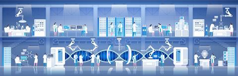 Illustration of science lab with robotics and scientists carrying out research