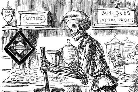 A skeletal form mixes ingredients for sweets, surrounded by vats of dangerous chemicals