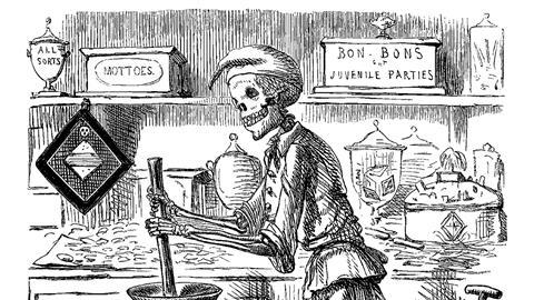 A skeletal form mixes ingredients for sweets, surrounded by vats of dangerous chemicals