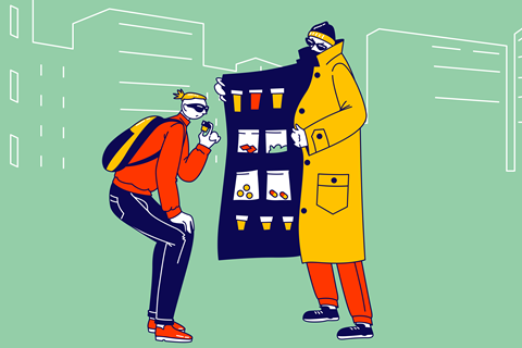 An dealer shows his customer his illegal goods for sale under his coat