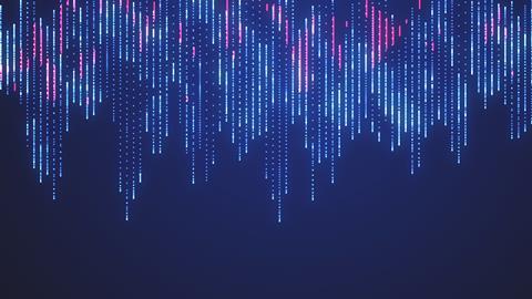 Abstract graphics show code on a blue screen cascading down from the top in rows