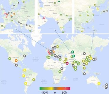 An image showing the global map of PM2.5 changes during lockdown period in 2020