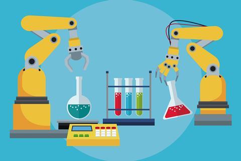 Illustrated image showing robots automating chemistry process