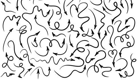 A mess of curly black arrows on a white background