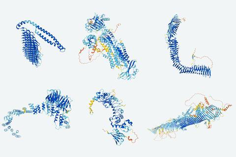 An image of six protein structures appearing as blue and teal coloured helices and swirly patterns