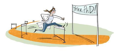 An image showing a female character jumping over obstacles to go past an end line that reads "Your PhD"