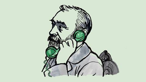 An illustration of Alfred Nobel holding a telephone