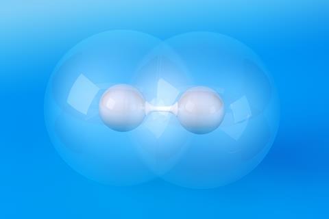 A 3D render showing a hydrogen molecule