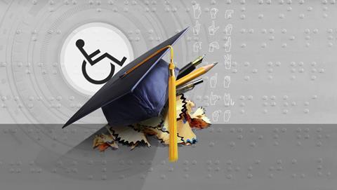 A conceptual image showing the disability icon ascending on a slope formed by a graduation hat; the Braille alphabet and the alphabet in sign language can be seen on the background