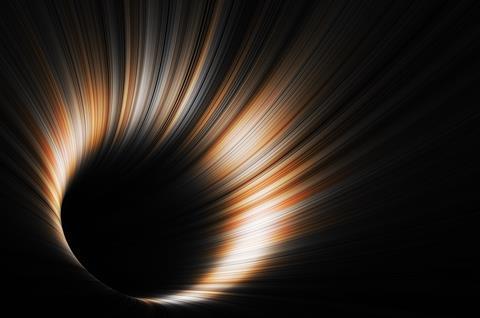 Abstract background, black bent tunnel with pattern of glowing lines, 3d illustration