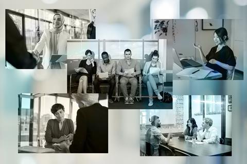 Collage of images of people having interviews
