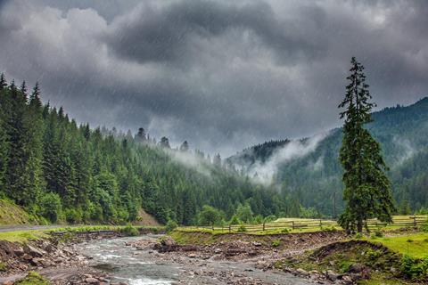 Rain storm in mountains above forest