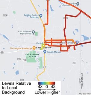 A heatmap of a small town showing high pollution levels along all its roads