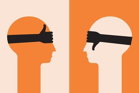 An image showing two silhouettes, each blindfolded, one blindfold forming the thumbs up sign, and the other blindfold forming the thumbs down side