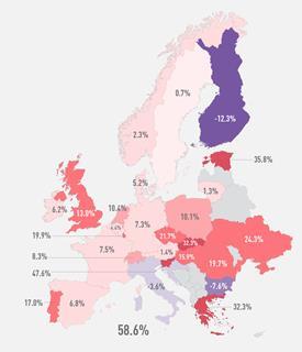 A map showing the median gender pay gap in Europe