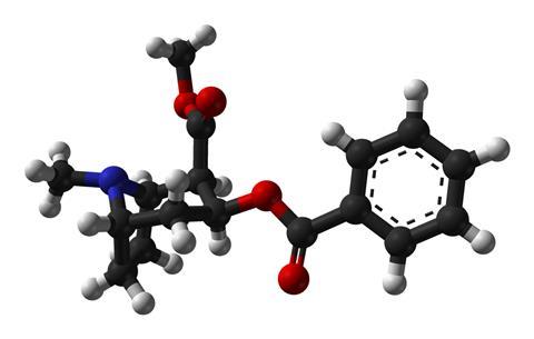 Ball-and-stick model of the (−)-cocaine molecule, C17H21N1O4, as found in the crystal structure.