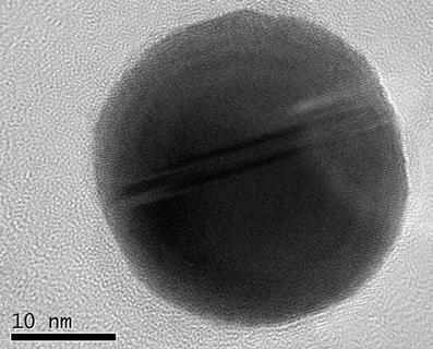 A greyscale image of a dark round object on a lighter textured background. There is a scale bar of 10 nanometres measuring about a third of the diameter of the object.